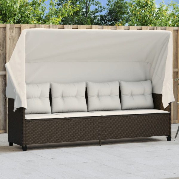 Sun lounger with canopy and cushions, brown, polyrattan