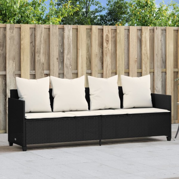 Sun lounger with cushions, black, polyrattan