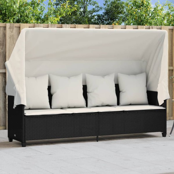 Sun lounger with canopy and cushions, black, polyrattan