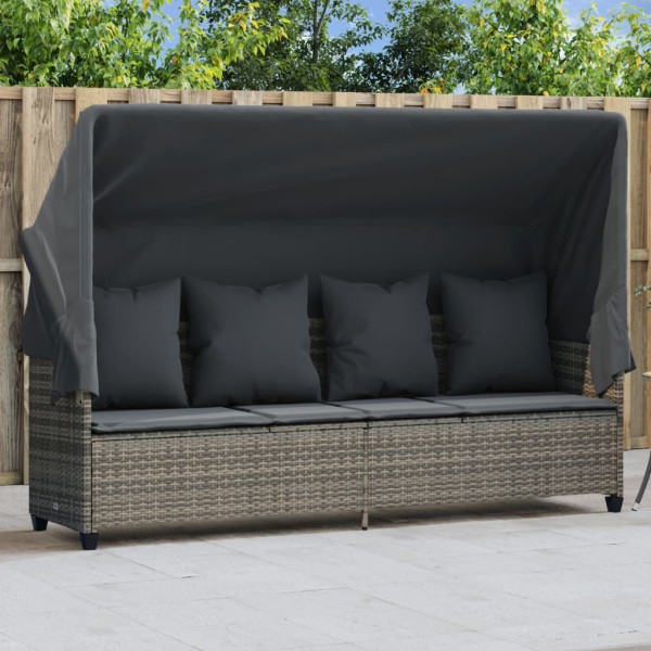 Sun lounger with canopy and cushions, grey, polyrattan