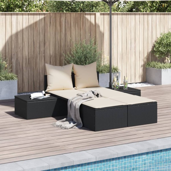 Double sunbed with mattresses, black, polyrattan