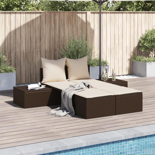 Double sunbed with mattresses, brown, polyrattan