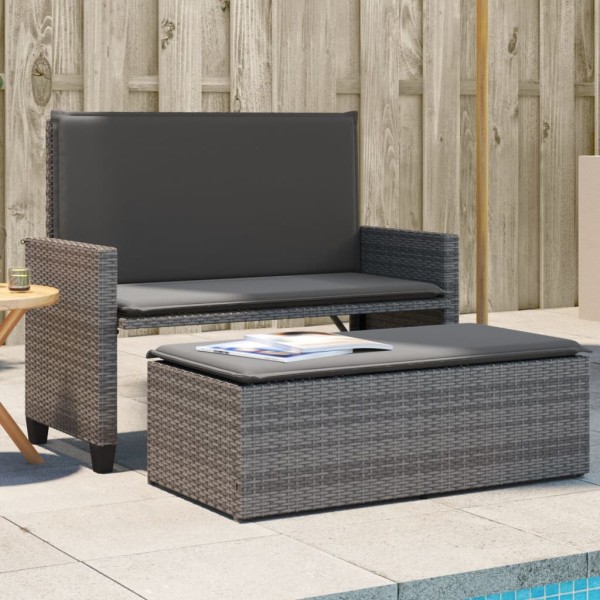 Garden bench with cushions and footrest, gray, polyrattan
