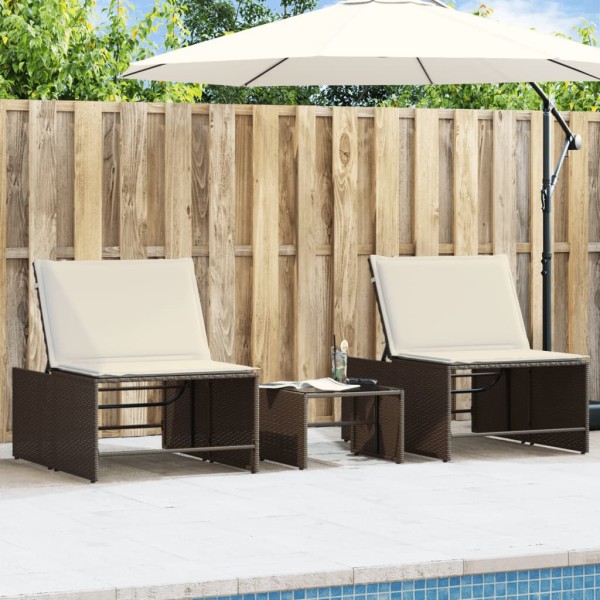 Sunbeds, 2 pcs. with table, brown, polyrattan