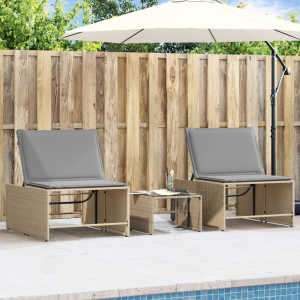 Sunbeds, 2 pcs. with table, beige, polyrattan