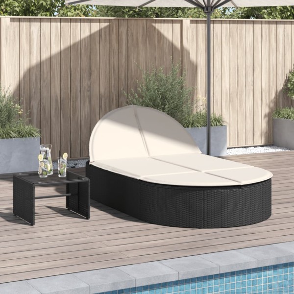 Double sunbed with mattresses, black, polyrattan
