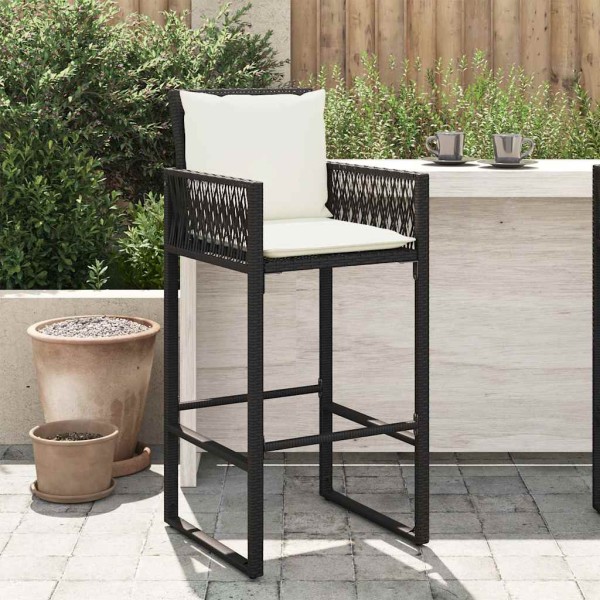 Garden bar stools with cushions, 2 pcs., black, polyrattan