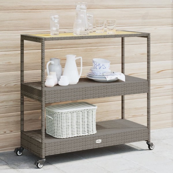 Bar trolley, 3 tiers, grey, polyrattan and acacia