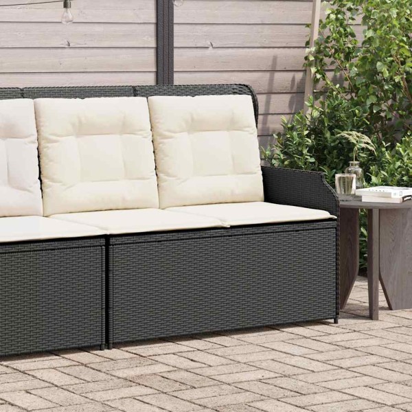 Reclining garden bench with cushions, black, polyrattan