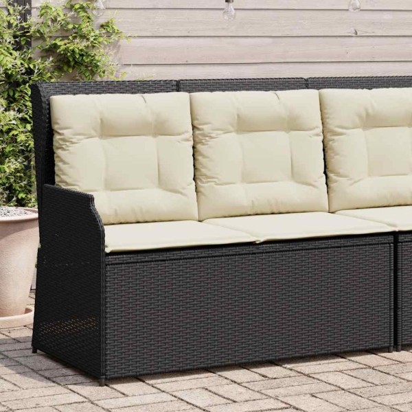 Reclining garden bench with cushions, black, polyrattan