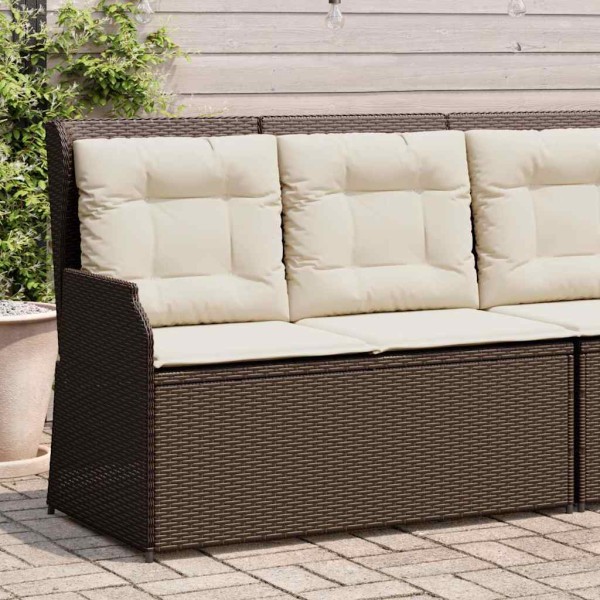 Reclining garden bench with cushions, brown, polyrattan