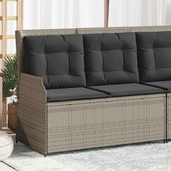 Reclining garden bench with cushions, gray, polyrattan