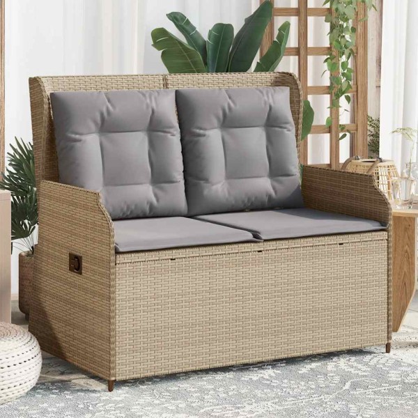 Reclining garden bench with cushions, sand, polyrattan