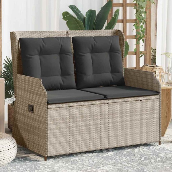 Reclining garden bench with cushions, gray, polyrattan