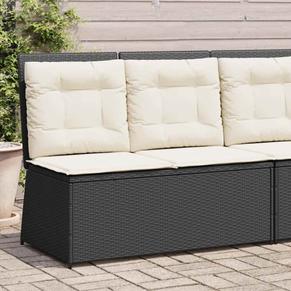 Reclining garden bench with cushions, black, polyrattan