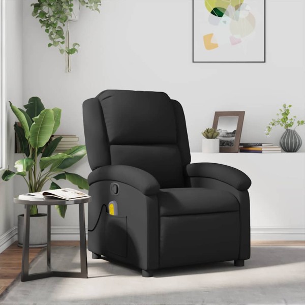 Reclining massage chair, black, genuine leather