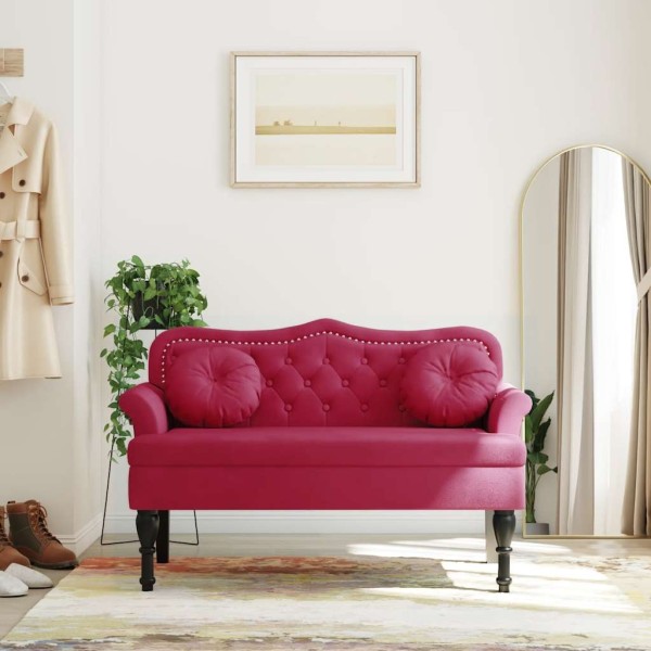 Bench with cushions, wine, 120.5x65x75cm, velvet