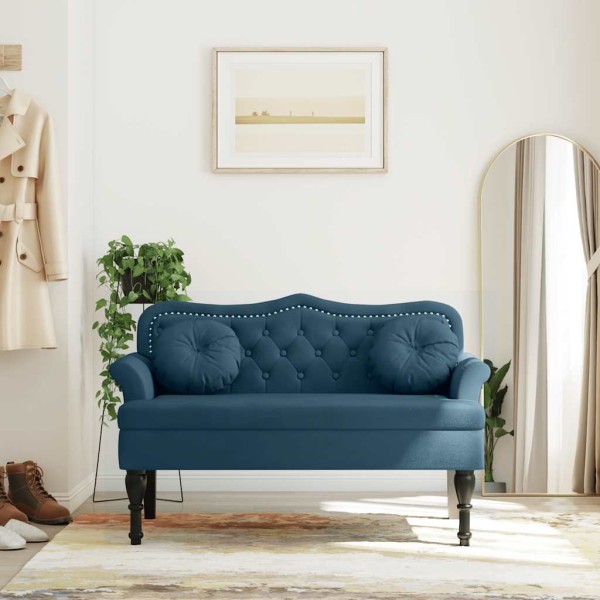 Bench with cushions, blue, 120.5x65x75cm, velvet