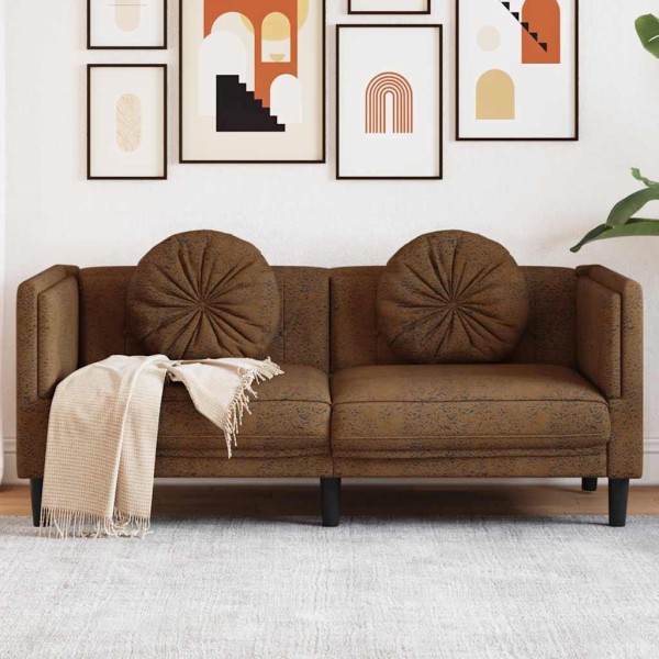 Dvivietė sofa su pagalvėlėmis, ruda, dirbtinė versta oda