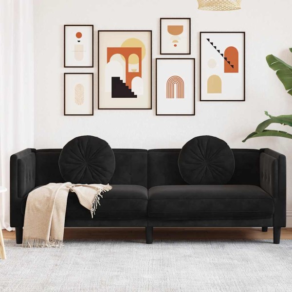 Three-seater sofa with cushions, black, velvet