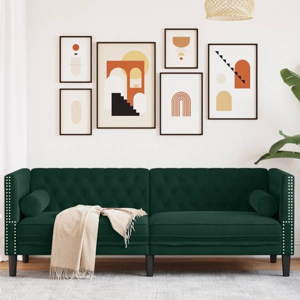 Three-seater chesterfield sofa with cushions, green, velvet