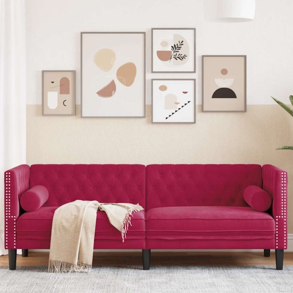 Trivietė chesterfield sofa su pagalvėlėmis, raudona, aksomas
