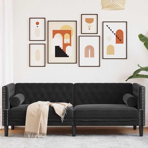 Trivietė chesterfield sofa su pagalvėlėmis, juoda, aksomas