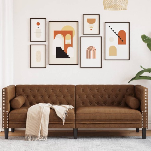 Three-seater chesterfield sofa with cushions, brown, artificial leather