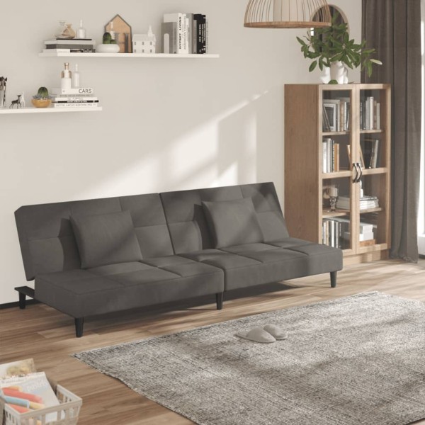 Dvivietė sofa-lova su dvejomis pagalvėmis, pilka, aksomas