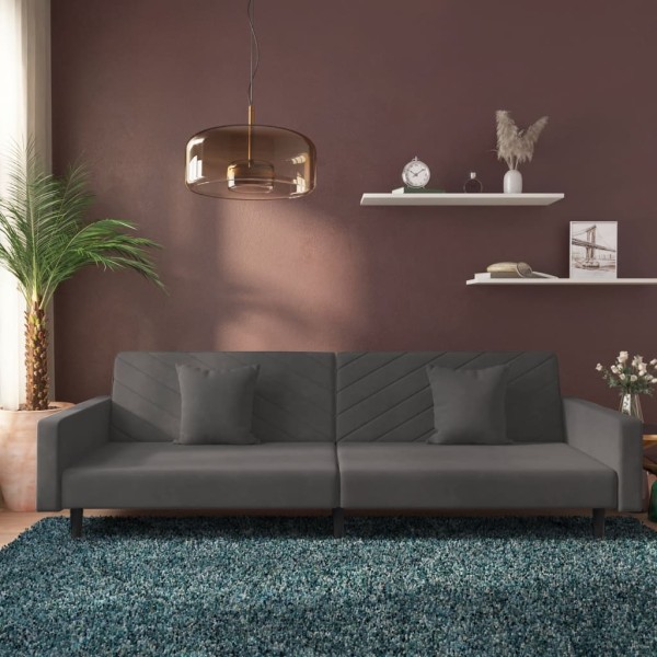 Double sofa-bed with two pillows, gray, velvet