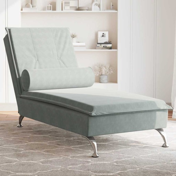 Massage lounger with long pillow, gray, velvet