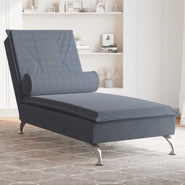 Massage lounger with long pillow, gray, velvet