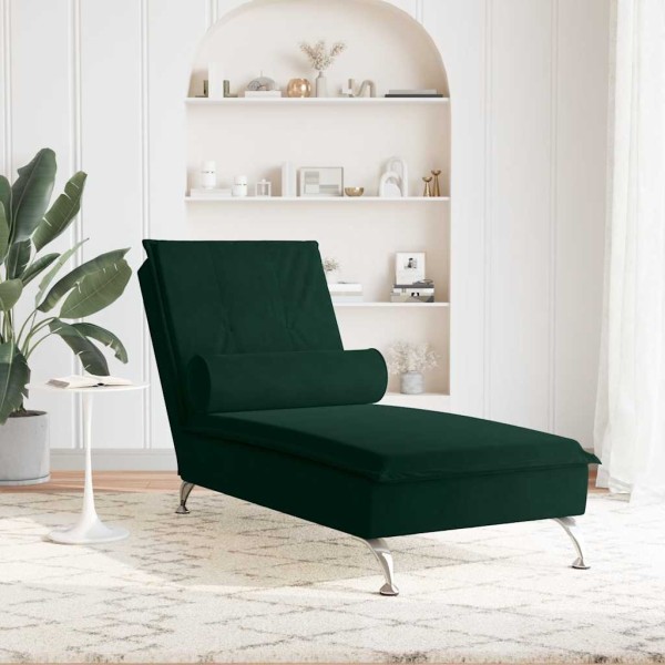 Massage lounger with long pillow, green, velvet
