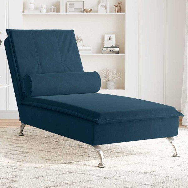 Massage lounger with long pillow, blue, velvet