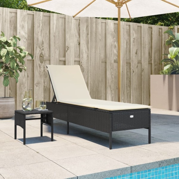 Sun lounger with table and cushions, black, polyrattan