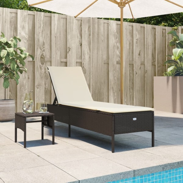 Sun lounger with table and cushions, brown, polyrattan