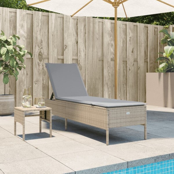 Sun lounger with table and cushions, sand, polyrattan