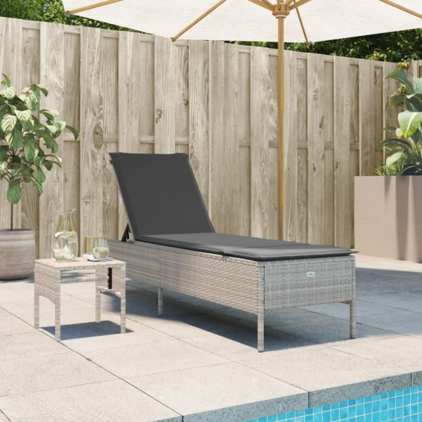 Sun lounger with table and cushions, grey, polyrattan