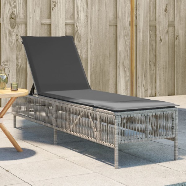 Sun lounger with cushions, light grey, polyrattan