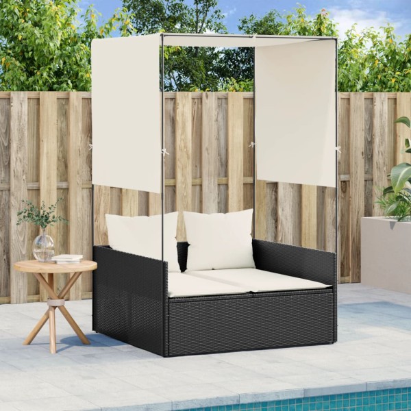 Double sun lounger with canopy and curtains, black