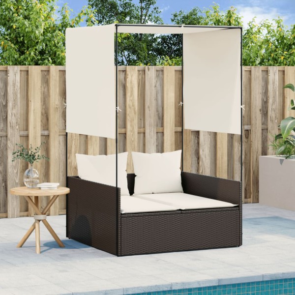 Double sunbed with canopy and curtains, brown