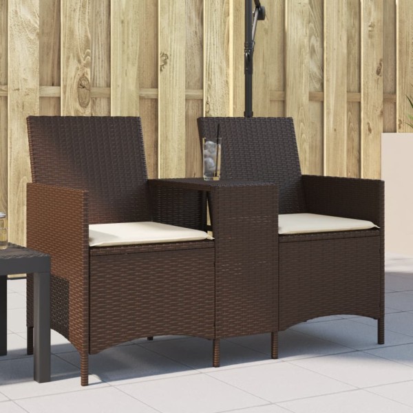 Double garden sofa with cushions and table, brown color