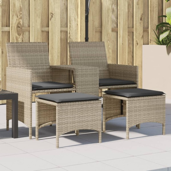 Two-seater garden sofa with table/stools, gray, polyrattan