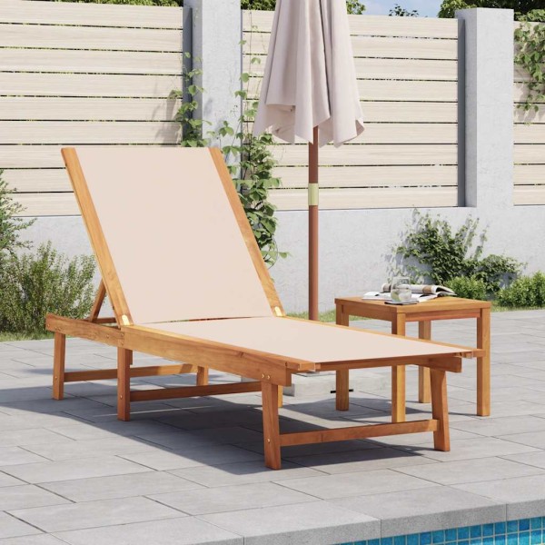 Sun lounger with table, cream, acacia/textile