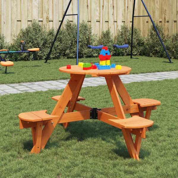 Picnic table for 4 children with umbrella, solid spruce, circular