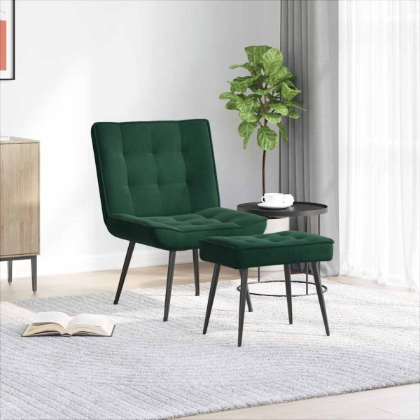 Lounge chair with stool, dark green, velvet