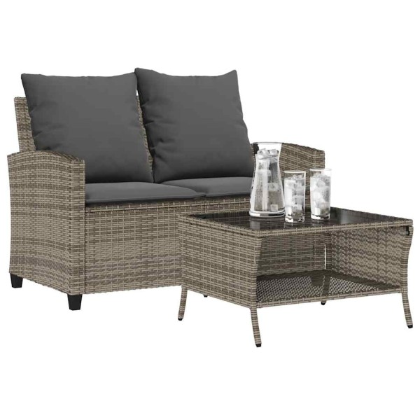 Two-seater garden sofa with cushions and table, gray color