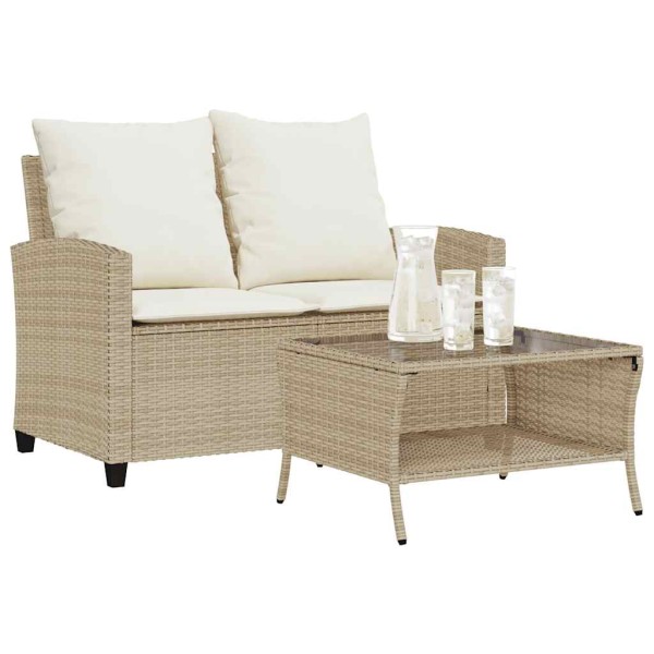 Two-seater garden sofa with table and cushions, beige
