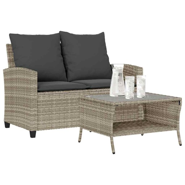 Double garden sofa with cushions and table, light gray