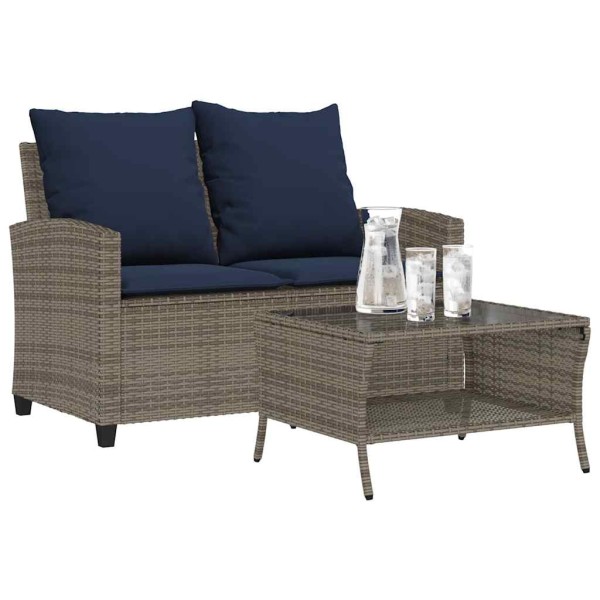 Two-seater garden sofa with cushions and table, gray color